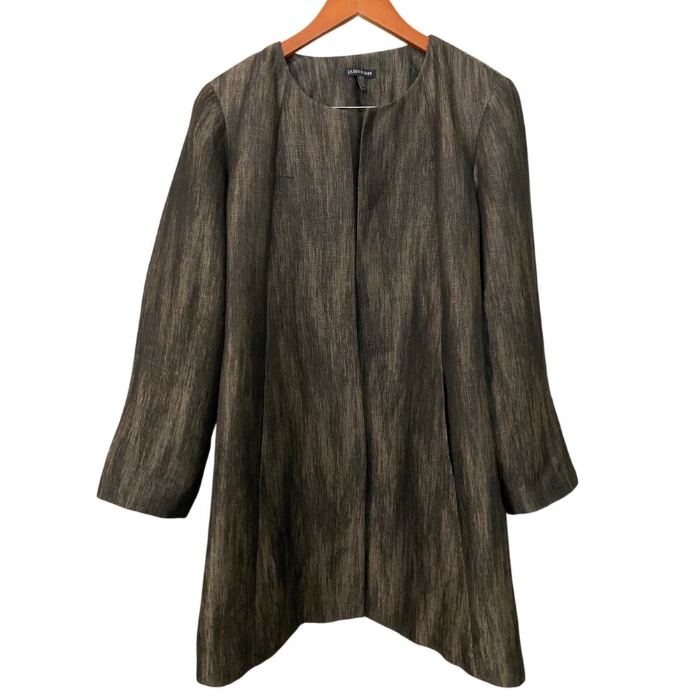 Eileen Fisher Linen Silk Herringbone Shadow Jacket Large Roundneck Swing Coat - Picture 11 of 12